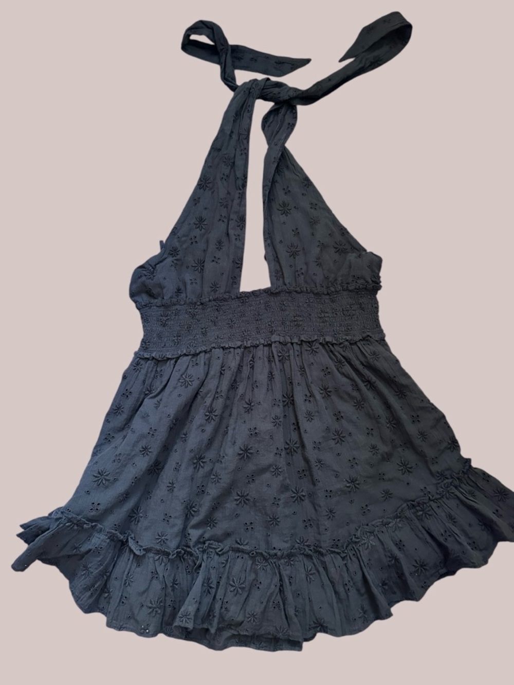 aerie Charcoal Eyelet Smocked Halter Mini Dress - Picture 2 of 6